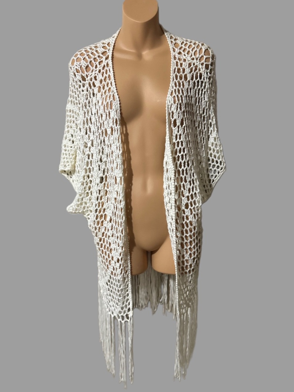 POL Open Crochet Fringe Cardigan in White